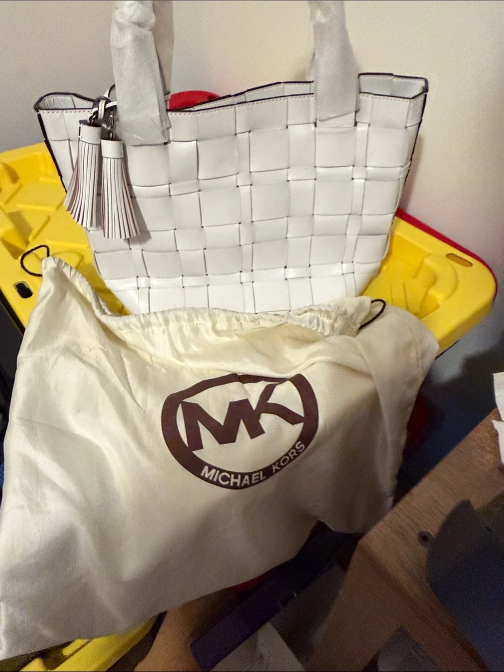 Woven White Tote Bag with Tassel Accent